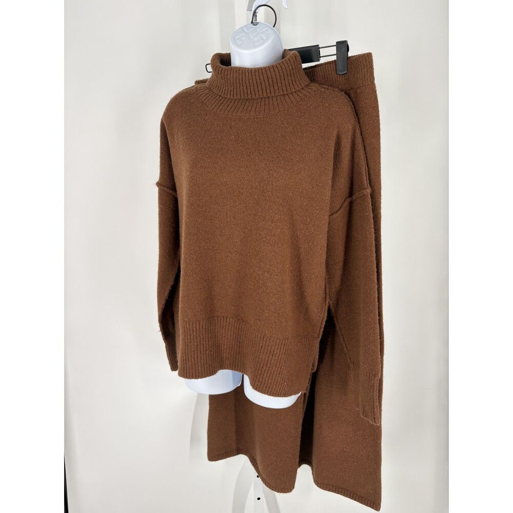 Brown Knit Lounge Set | Turtleneck Sweater & Wide Leg Pants